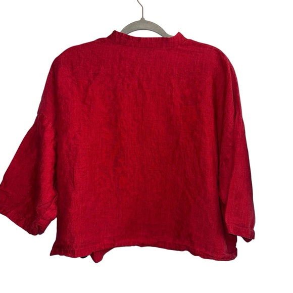 Eileen Fisher Red Irish Linen Cropped Collarless Boxy Button Shirt Size large - Picture 2 of 4